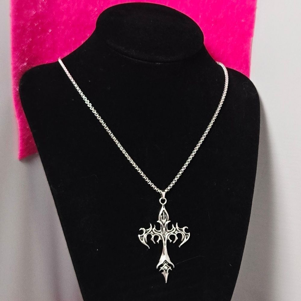 Gothic Flame Cross Necklace Stainless Steel 24" Box Chain Silver Punk Pendant